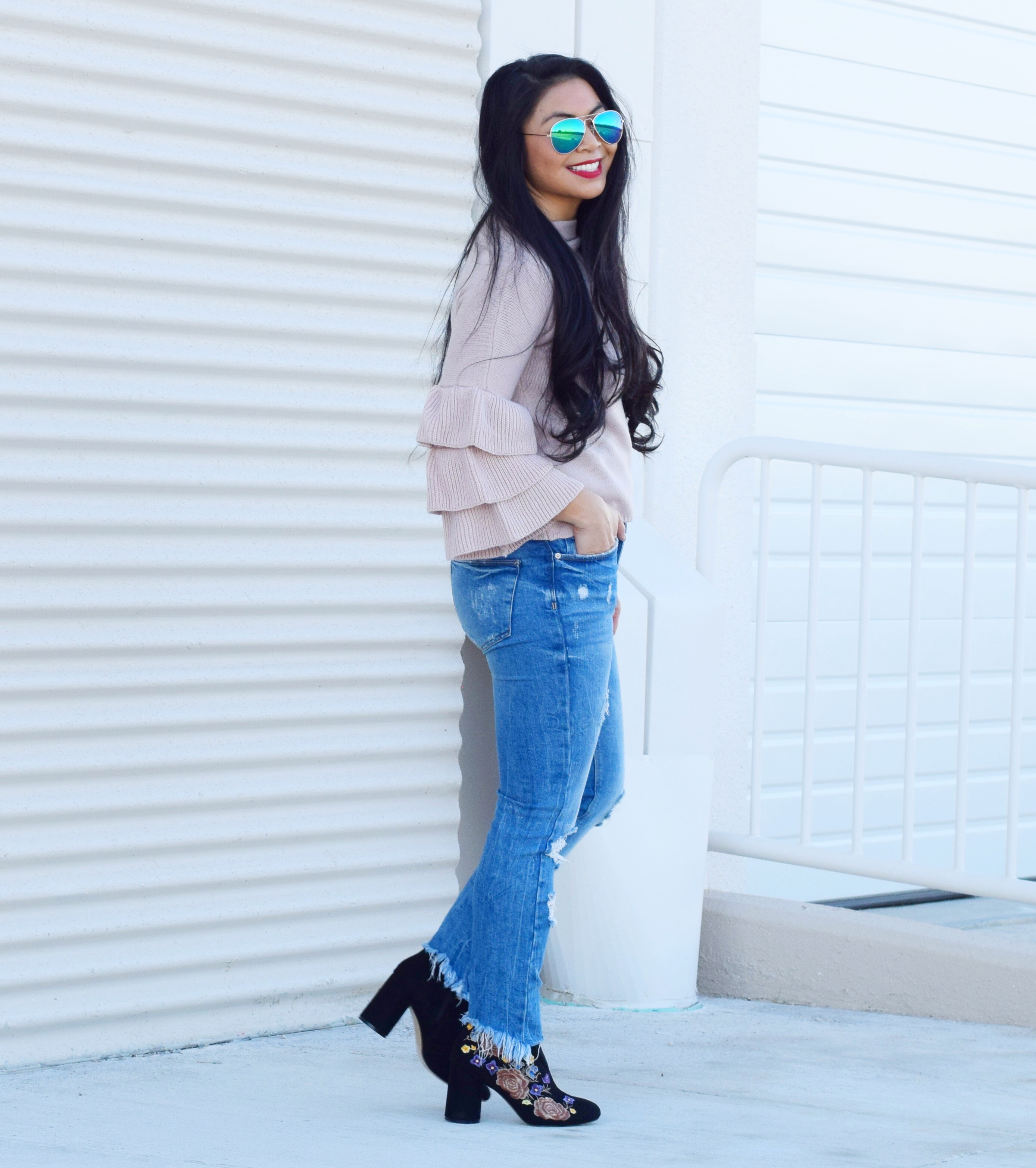 embroidered-boots-distrssed-denim-ruffle-sweater